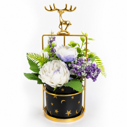 Artificial Flower Arrangement with Deer Accent | Decorative Table Centerpiece | Premium Floral Home Decor (Black & White Variants)