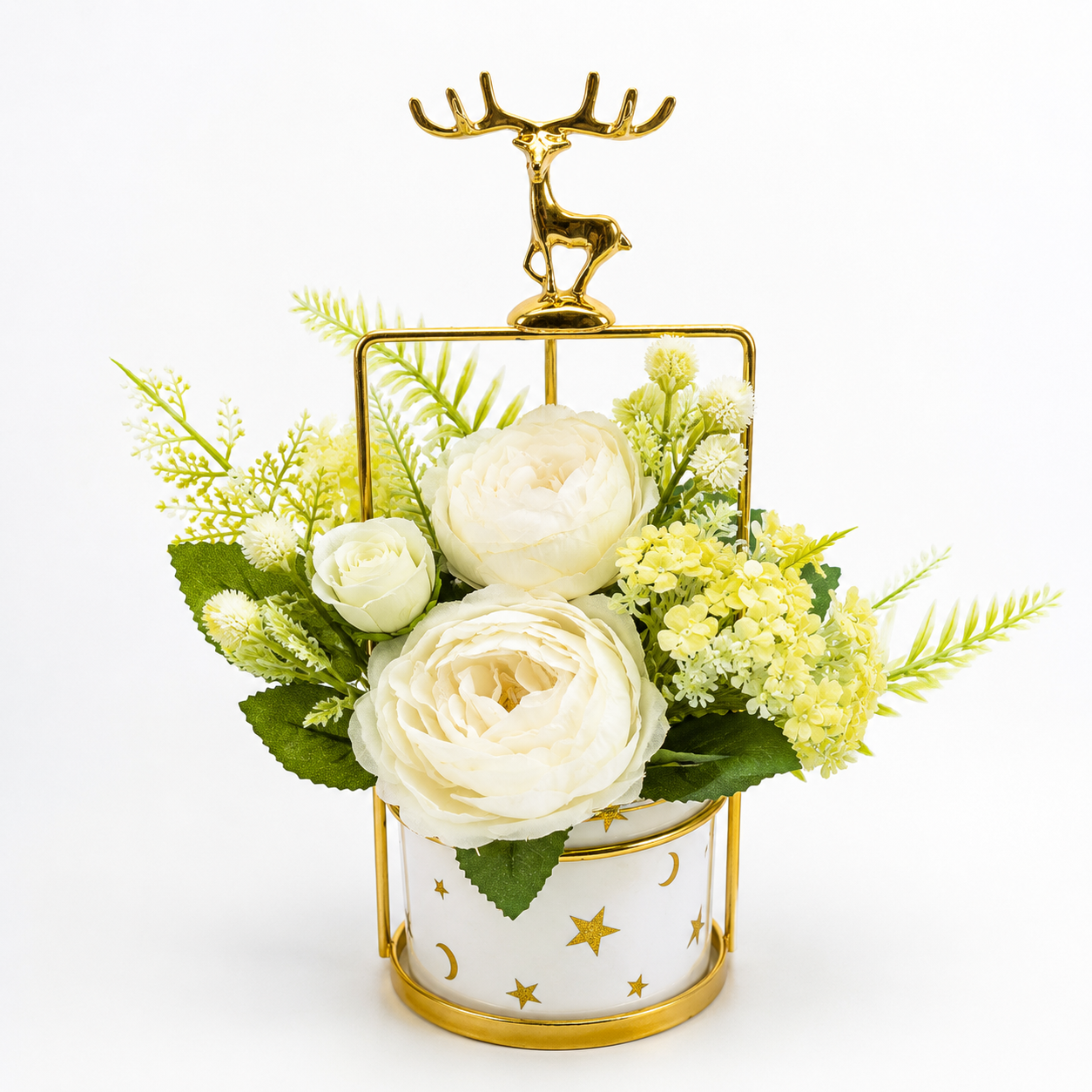 Artificial Flower Arrangement with Deer Accent | Decorative Table Centerpiece | Premium Floral Home Decor (Black & White Variants)