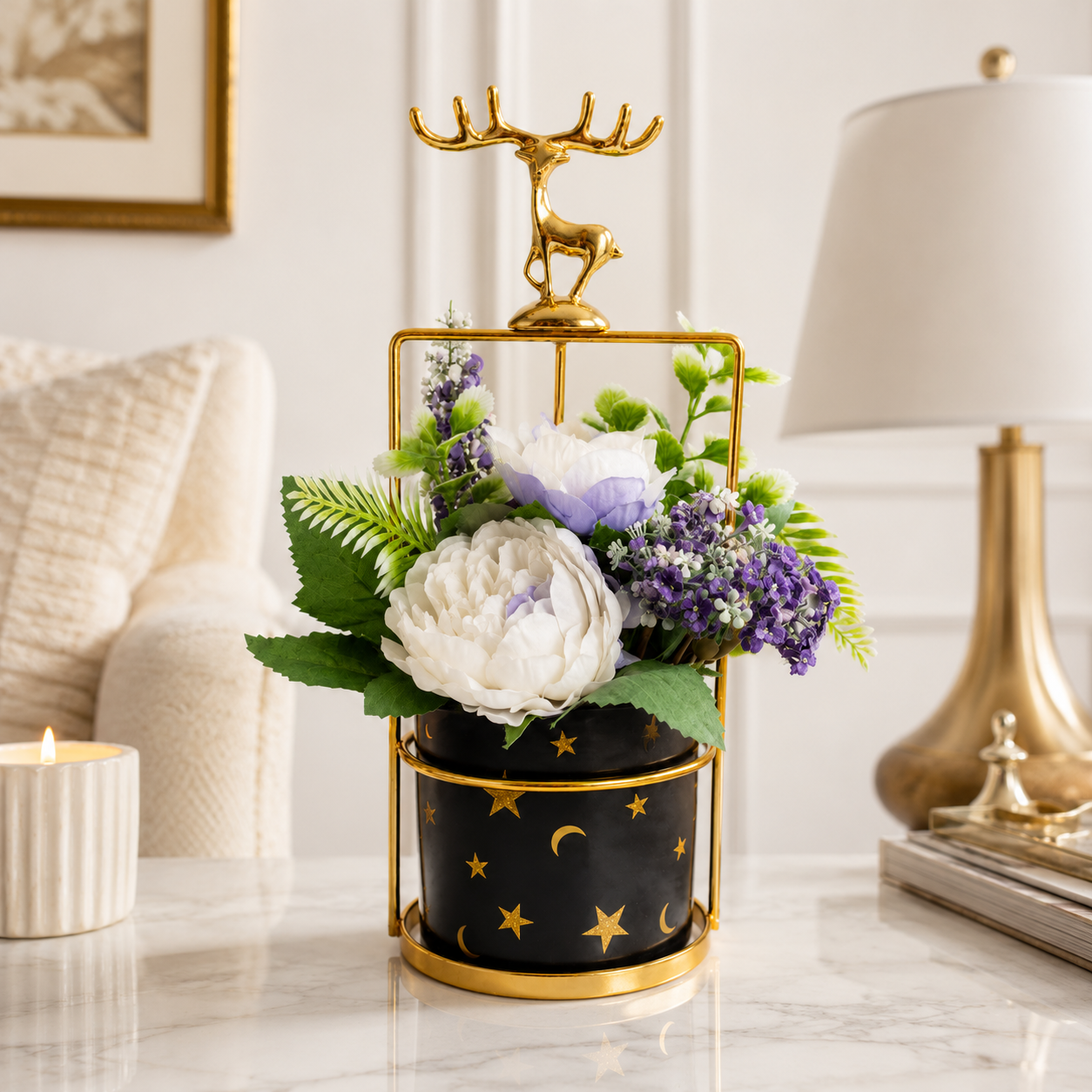 Artificial Flower Arrangement with Deer Accent | Decorative Table Centerpiece | Premium Floral Home Decor (Black & White Variants)