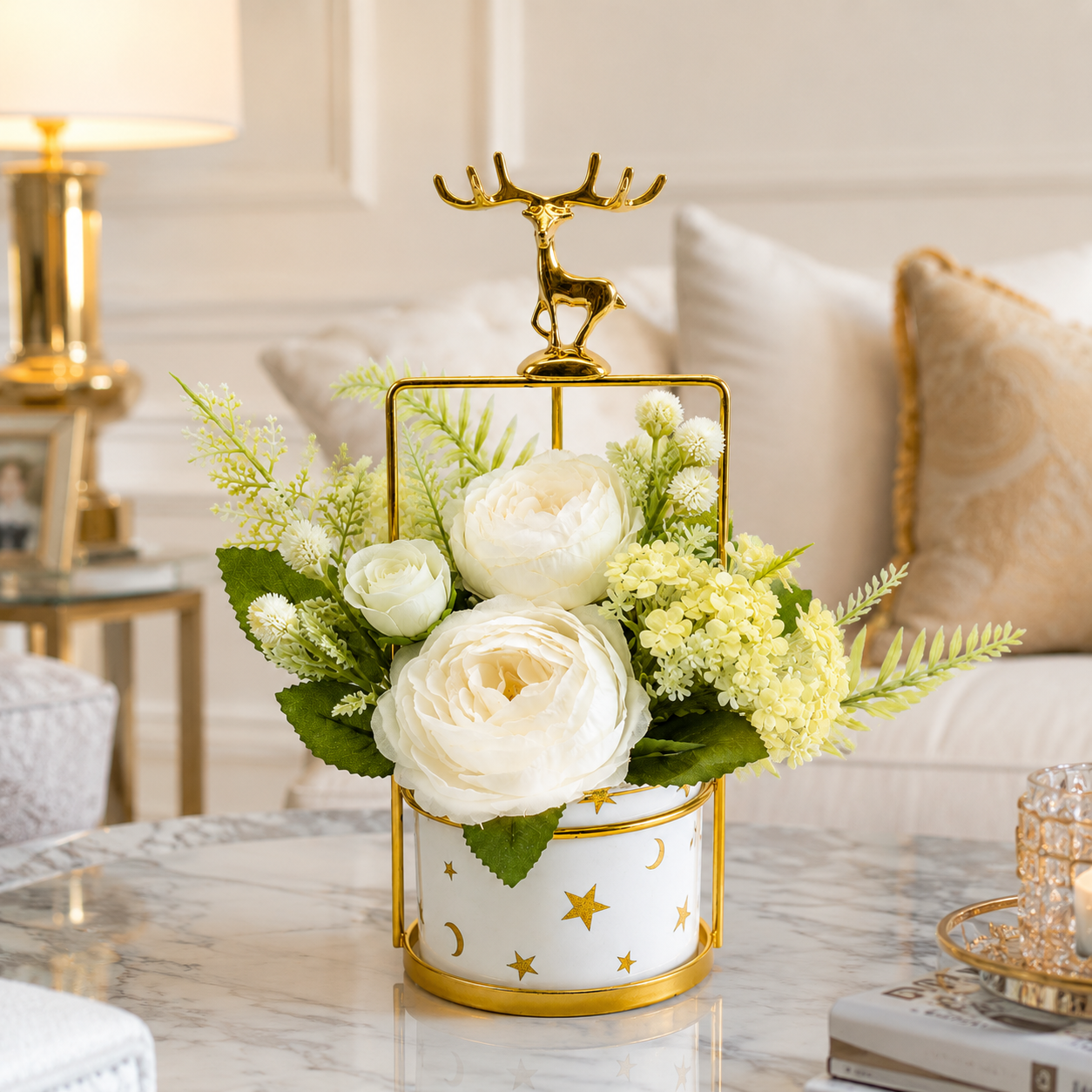 Artificial Flower Arrangement with Deer Accent | Decorative Table Centerpiece | Premium Floral Home Decor (Black & White Variants)