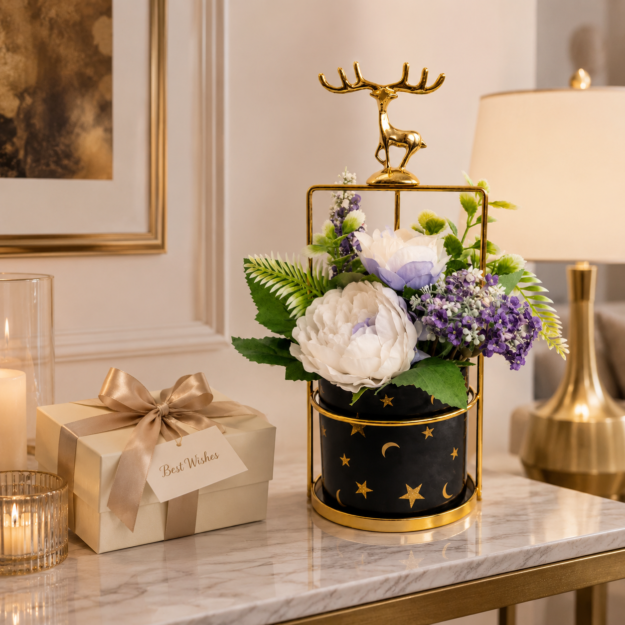 Artificial Flower Arrangement with Deer Accent | Decorative Table Centerpiece | Premium Floral Home Decor (Black & White Variants)