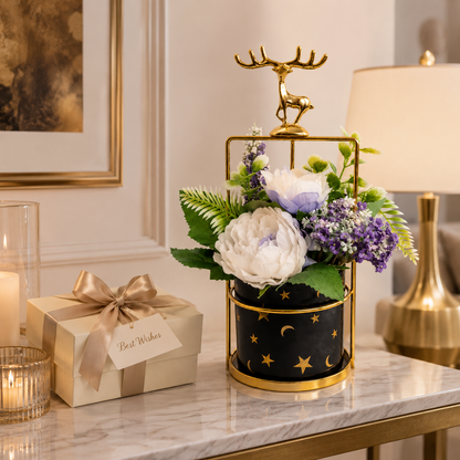 Artificial Flower Arrangement with Deer Accent | Decorative Table Centerpiece | Premium Floral Home Decor (Black & White Variants)