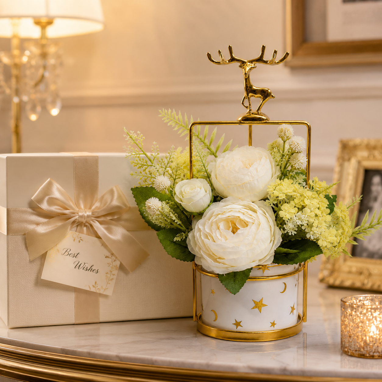 Artificial Flower Arrangement with Deer Accent | Decorative Table Centerpiece | Premium Floral Home Decor (Black & White Variants)