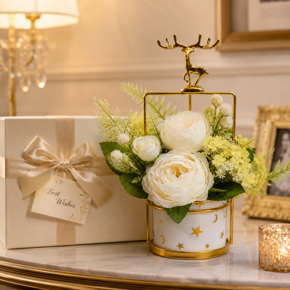 Artificial Flower Arrangement with Deer Accent | Decorative Table Centerpiece | Premium Floral Home Decor (Black & White Variants)