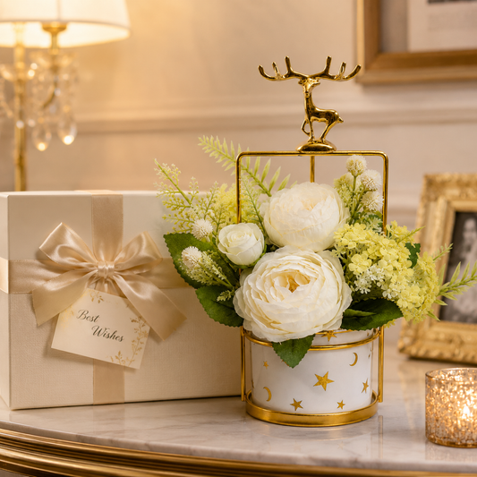 Artificial Flower Arrangement with Deer Accent | Decorative Table Centerpiece | Premium Floral Home Decor (Black & White Variants)