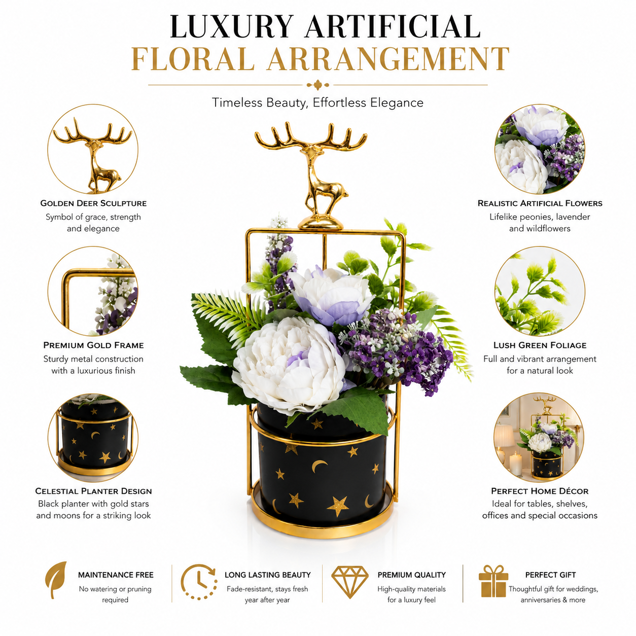 Artificial Flower Arrangement with Deer Accent | Decorative Table Centerpiece | Premium Floral Home Decor (Black & White Variants)