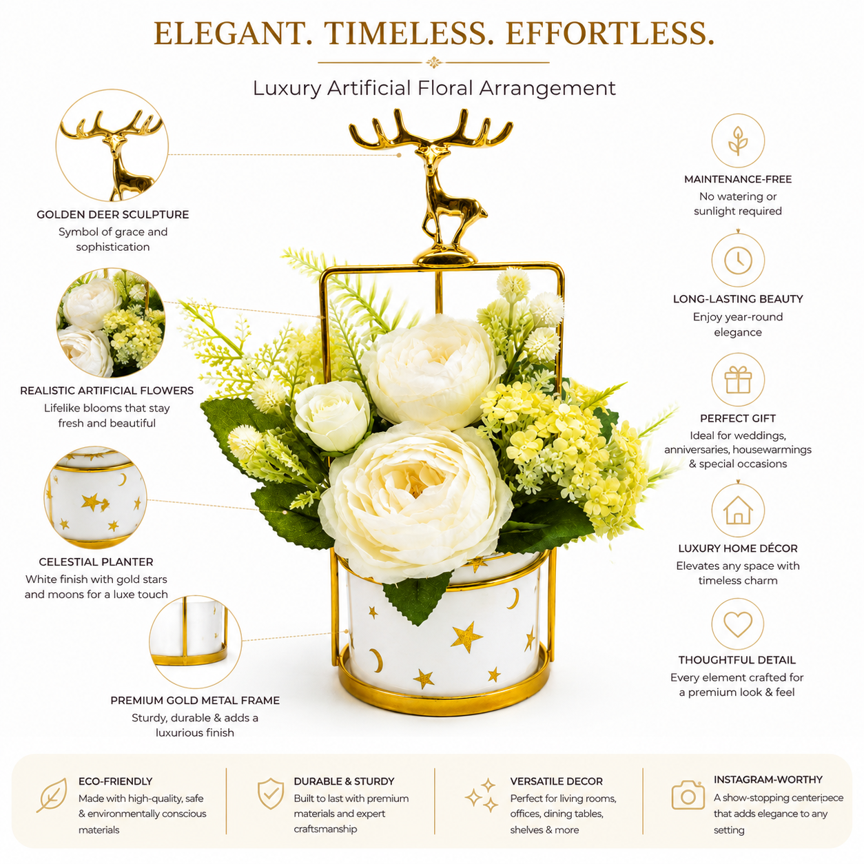 Artificial Flower Arrangement with Deer Accent | Decorative Table Centerpiece | Premium Floral Home Decor (Black & White Variants)