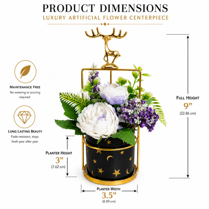 Artificial Flower Arrangement with Deer Accent | Decorative Table Centerpiece | Premium Floral Home Decor (Black & White Variants)