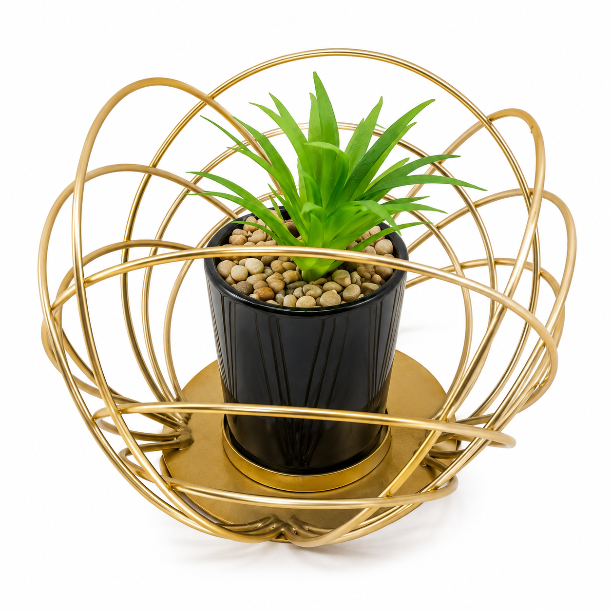 Modern Geometric Metal Planter with Artificial Plant | Luxury Tabletop Plant Holder | Black & Gold Decorative Planter