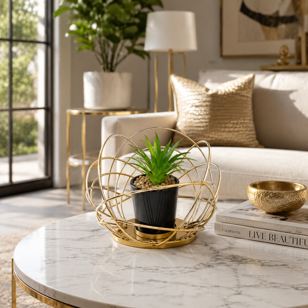 Modern Geometric Metal Planter with Artificial Plant | Luxury Tabletop Plant Holder | Black & Gold Decorative Planter