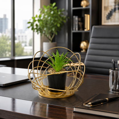 Modern Geometric Metal Planter with Artificial Plant | Luxury Tabletop Plant Holder | Black & Gold Decorative Planter