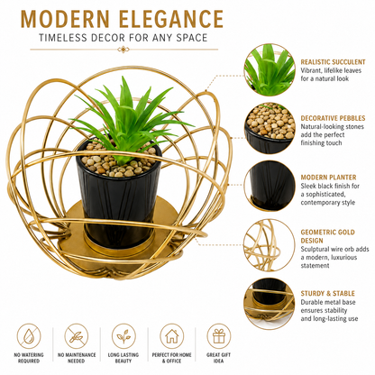 Modern Geometric Metal Planter with Artificial Plant | Luxury Tabletop Plant Holder | Black & Gold Decorative Planter