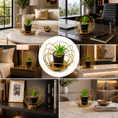 Modern Geometric Metal Planter with Artificial Plant | Luxury Tabletop Plant Holder | Black & Gold Decorative Planter