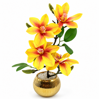 Artificial Yellow Magnolia Flower Arrangement in Golden Pot | Luxury Tabletop Floral Décor | Decorative Indoor Flower Plant
