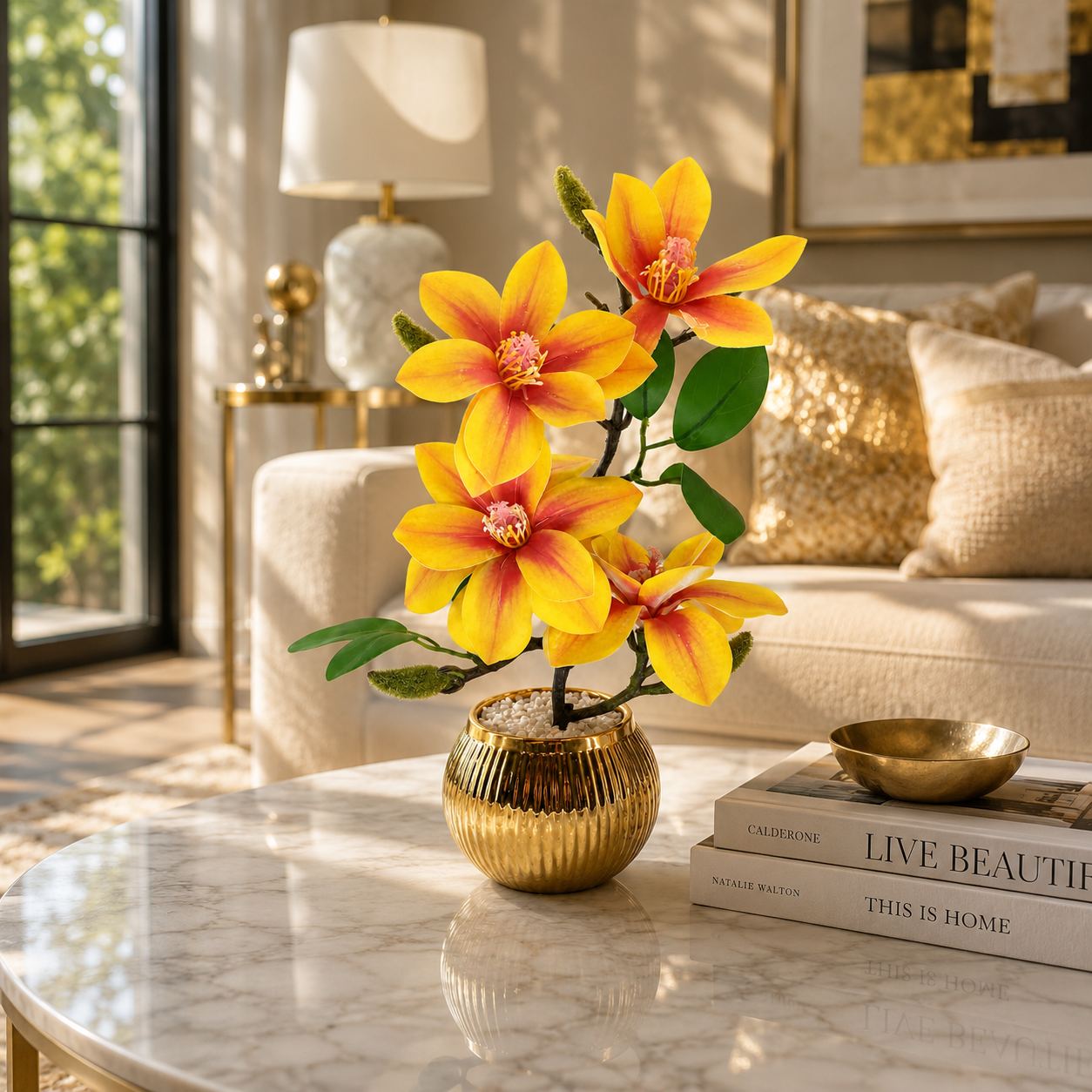 Artificial Yellow Magnolia Flower Arrangement in Golden Pot | Luxury Tabletop Floral Décor | Decorative Indoor Flower Plant