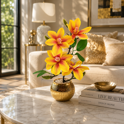 Artificial Yellow Magnolia Flower Arrangement in Golden Pot | Luxury Tabletop Floral Décor | Decorative Indoor Flower Plant