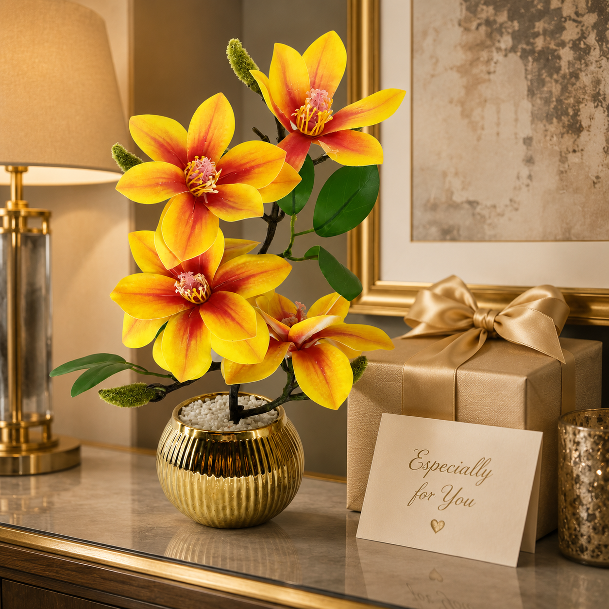 Artificial Yellow Magnolia Flower Arrangement in Golden Pot | Luxury Tabletop Floral Décor | Decorative Indoor Flower Plant