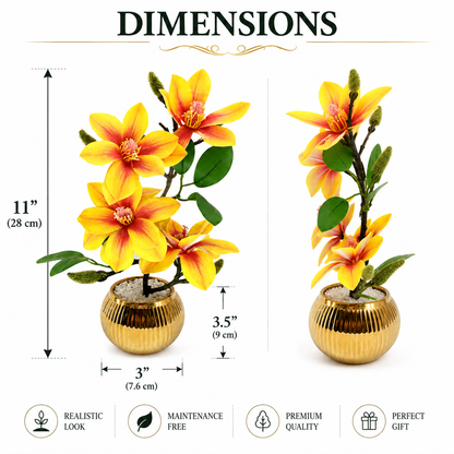 Artificial Yellow Magnolia Flower Arrangement in Golden Pot | Luxury Tabletop Floral Décor | Decorative Indoor Flower Plant