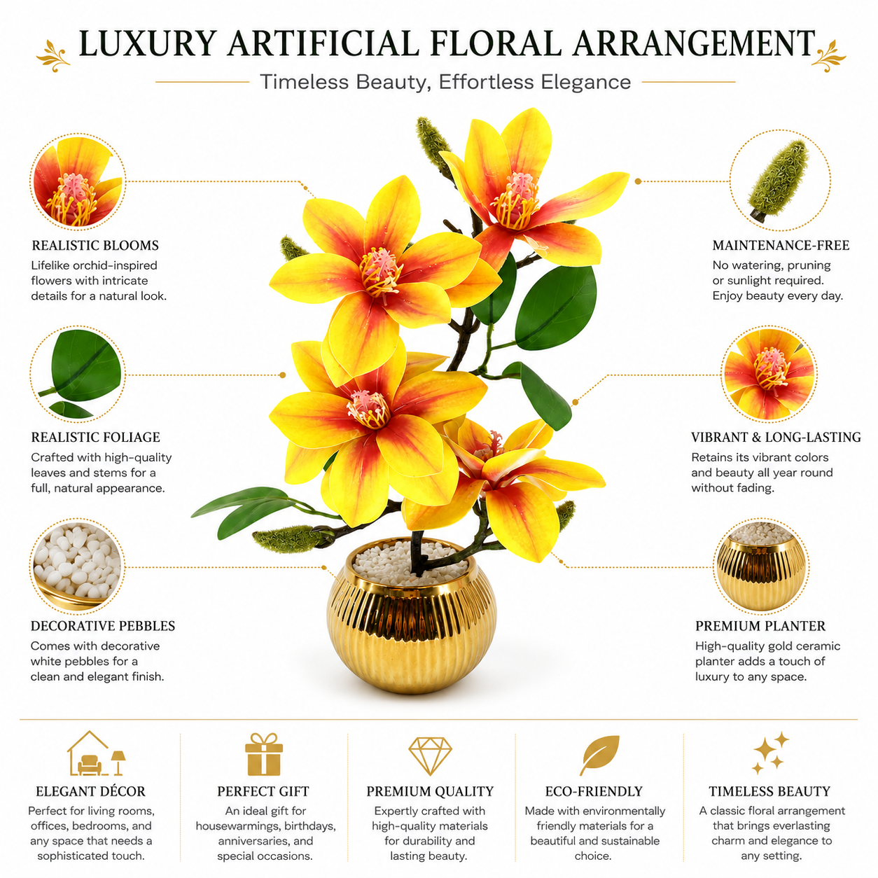 Artificial Yellow Magnolia Flower Arrangement in Golden Pot | Luxury Tabletop Floral Décor | Decorative Indoor Flower Plant