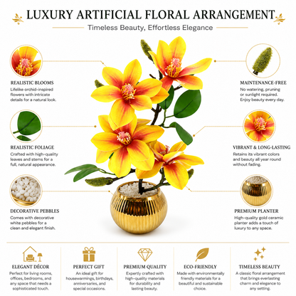 Artificial Yellow Magnolia Flower Arrangement in Golden Pot | Luxury Tabletop Floral Décor | Decorative Indoor Flower Plant
