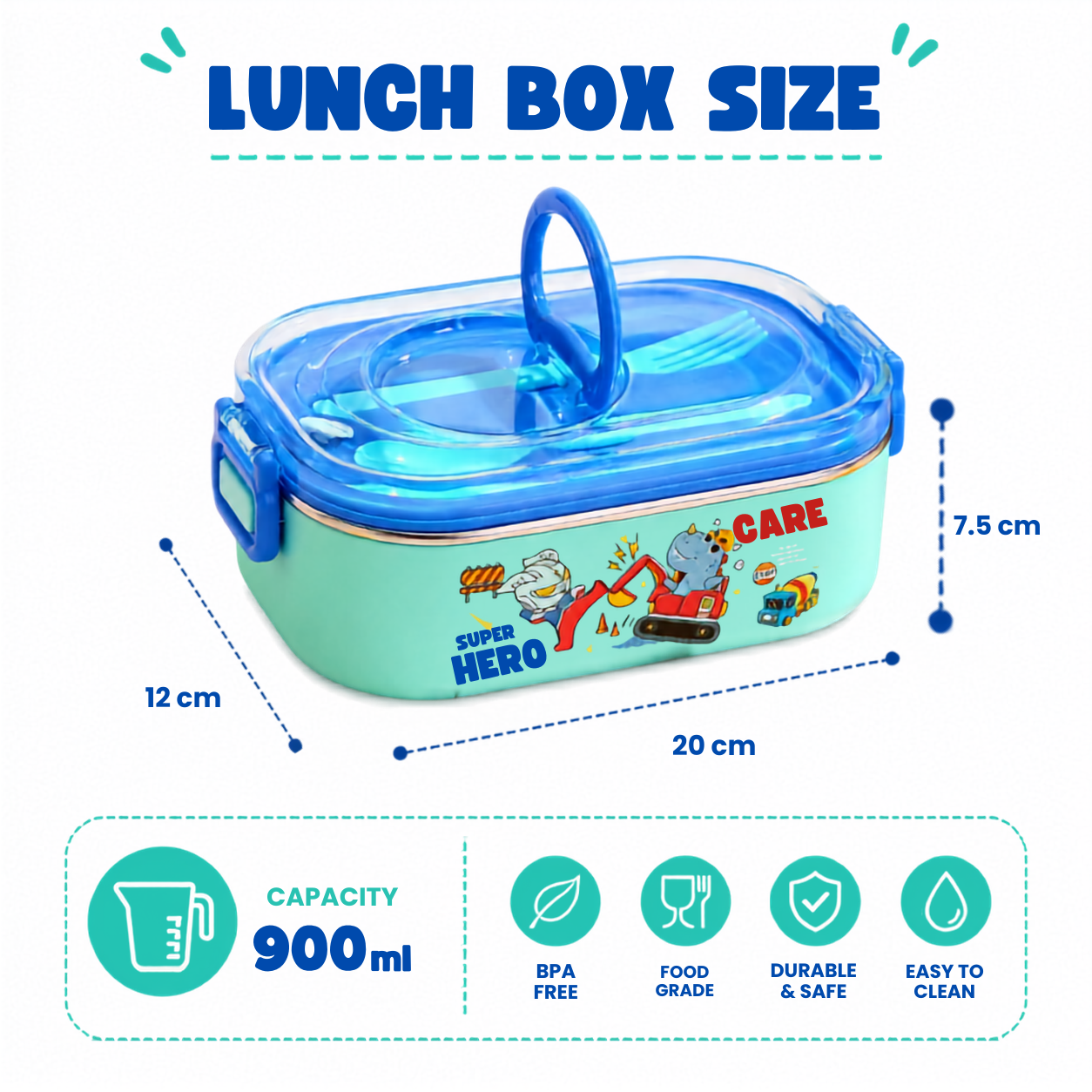 Kids Stainless Steel Lunch Box with Spoon & Fork | 900ml Leakproof School Tiffin Box with Handle